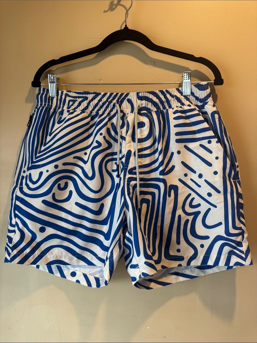 OAS White and Blue Abstract-Print Swim Trunks